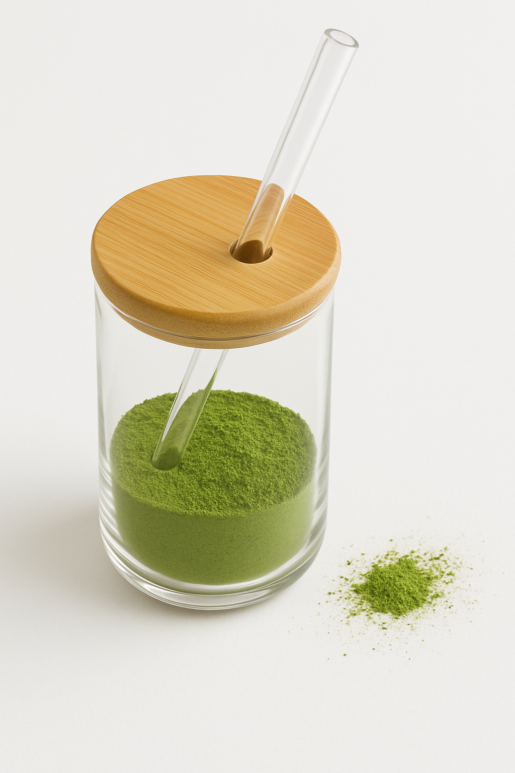 verre avec couvercle en bamboo et paille en verre contenant du matcha
